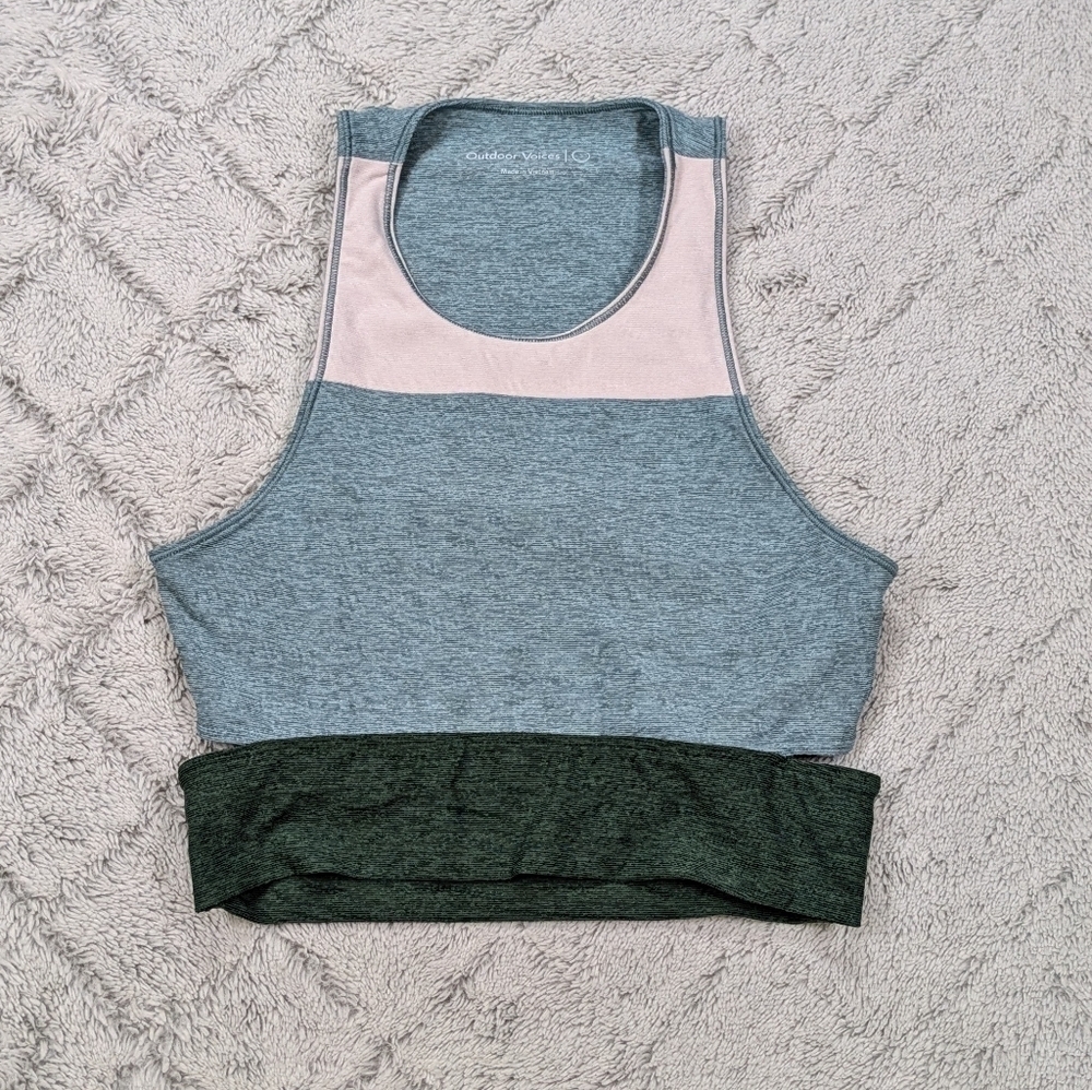 Outdoor Voices Top Women's S Green Blue Tri-Tone Slash Back Crop Tank Cutout